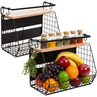 Relaxdays 2Xobstkorb Wandregal , Schwarz, Hellbraun , Metall, Holz, Kunststoff , 30 cm , Geschirr, Schalen & Schüsseln, Obstschalen