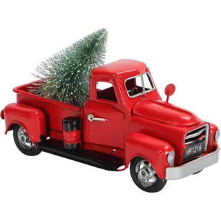 BELLE VOUS Vintage Rotes Auto mit Weihnachtsbaum - 17 cm - Metall Pickup Auto mit Baum Weihnachten Deko - Weihnachtsfiguren Deko für Tisch, Kaminsims & Regal