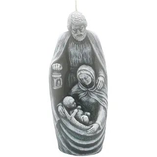 Dekohelden24 Hochwertige Kerze als Heilige Familie in Grau mit Glitter, Größe L/B/H: ca. 6 x 7 x 22 cm