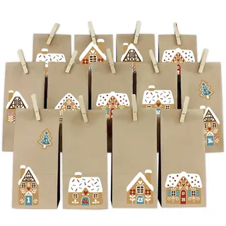 Adventskalender Set Lebkuchenhäuser Bogen mit Papiertüten und Holzklammern Y067