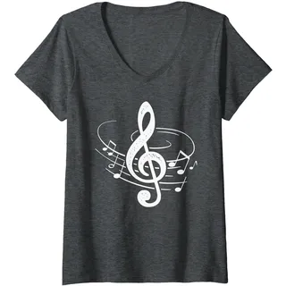 Damen Musik Violinschlüssel Musiknoten Notenschlüssel T-Shirt mit V-Ausschnitt, Anthrazit Meliert, XL