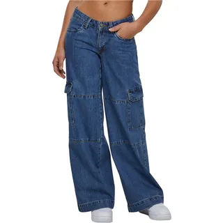Urban Classics Damen Hose Ladies Low Waist Cargo Denim mid Indigo Washed 28