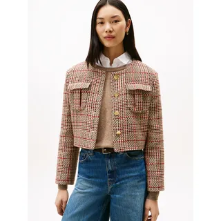 Kurzblazer TOMMY HILFIGER "TWEED LADY JACKET", Damen, Gr. 38, bunt (rot, grau check), Web, Obermaterial: 36% Baumwolle, 25% Polyester, 24% Polyacryl, 10% Wolle, 5% sonstige Fasern, kariert, hüftlang, Rundhals, Blazer Kurzblazer, mit Wolle