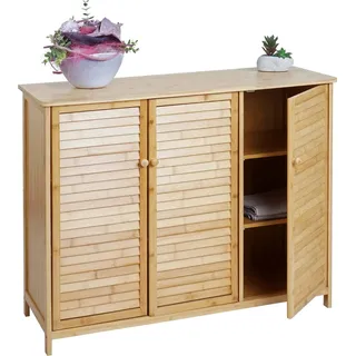 Badezimmerschrank HWC-B18, Badschrank Regal Badregal Kommode, 3 Türen Bambus 81x97x34cm - Braun