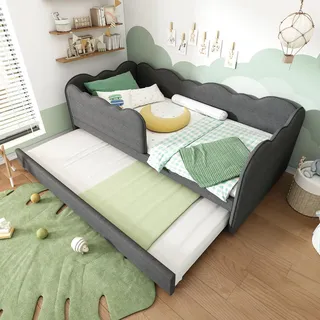 Flieks Polsterbett 90x190cm mit Ausziehbett, Kinderbett Jugendbett Schlafsofa mit Rausfallschutz, Tagesbett Daybed Leinen, Grau - Grau