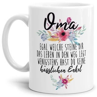 Tasse mit Spruch "Oma - Wenigstens hast du keine hässlichen Enkelkinder" - Geschenk-Idee/Witzig/Enkeltochter/Enkelsohn/Weiss