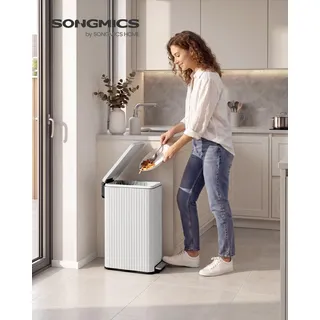 SONGMICS Mülleimer Küche 50 L, Tretmülleimer mit Softclose-Deckel, herausnehmbarer Inneneimer, Stahl, 15 Müllbeutel, weiß - Weiß