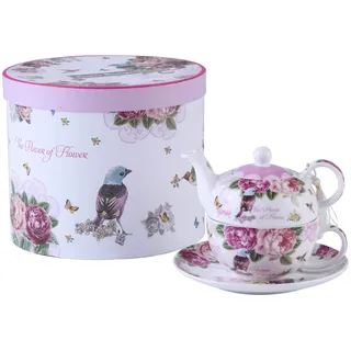 Teekannen für eine Tasse Teekanne-, Tasse- und Untertasse-Set für eine Person im Vintage-Stil, mit Rosen- und, Porzellan, in Geschenkbox 15x15cm Bird Rose Butterfly (Vogel Rose Schmetterling)
