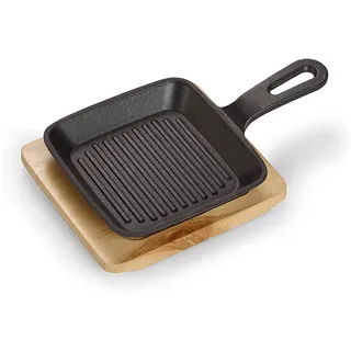 Echtwerk Servierpfanne aus Gusseisen, Servierpfännchen, Quadratische Auflaufform mit Servierbrett, Grillstreifen, Bereits eingebrannt, Für Backöfen, Grill, BBQ und Induktion geeignet, Ø 11,8 cm