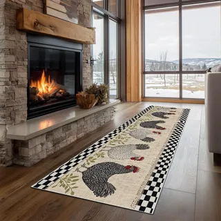 Dppyuxa Bauernhaus Hahn Teppich Läufer Landhausstil Huhn Waschbar & | rutschfest, Küchenteppich für Küche, Flur Flurteppich Lang Karierte Blatt Küchenläufer Schmutzabweisend 80x200 cm