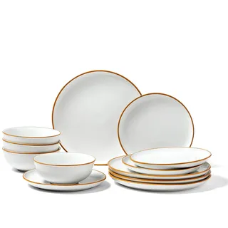 VEVOR Geschirrset für 4 Personen (12-tlg.) runde Teller- und Schüssel-Sets, Essgeschirr aus Keramik, spülmaschinen- und mikrowellengeeignetes Küchengeschirr, für Dessert Salat Suppe Pasta, weiß