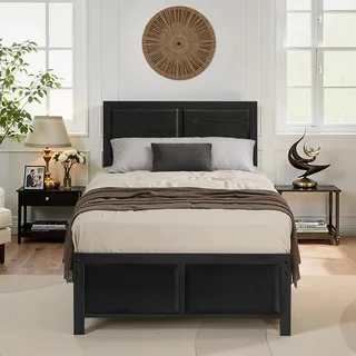 VECELO Bettgestell 90 x 200 cm, Metallbett mit Dick Holzkopfteil und Lattenrost, Modern Gästebett Jugendbett mit Stauraum Unter Dem Bett, Perfekt für Schlafzimmer, Schwarz