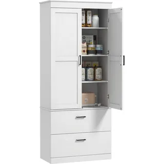 HOMCOM Küchenschrank, Hochschrank mit verstellbaren Regal, Schublade, Buffetschrank Aufbewahrungsschrank mit Landhaus-Stil Vitrinenschrank für Esszimmer Küche 75x39x178 cm Weiß - Weiß