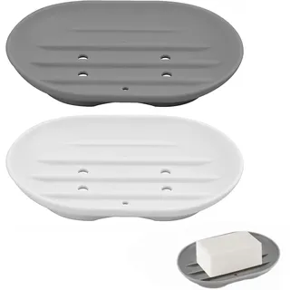 Zhenghebuy Seifenschale,2 Stück Ovale Seifenschale Silikon mit Ablauf,Tragbare Duschseifenkiste rutschfest Seife Schale für Badezimmer Dusche Küche Zähler (Weiß/Grau)