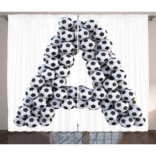 ABAKUHAUS Buchstabe A Rustikaler Gardine, Fußbälle Hauptstadt, Schlafzimmer Kräuselband Vorhang mit Schlaufen und Haken, 280 x 175 cm, Weiß Schwarz - Weiß, Schwarz