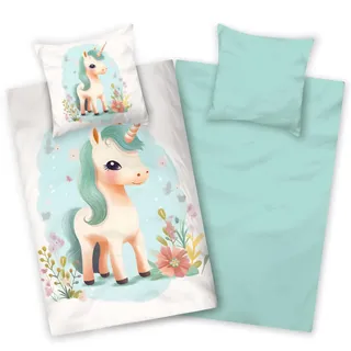 Aminata kids Bettwäsche 135x200 Biber Einhorn-Motiv Kinder Mädchen Baumwolle Türkis YKK Reißverschluss - Pony-Bettwäsche-Set Warm, Weich & Kuschelig - Flanell Tier-Motiv