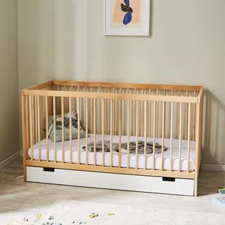 Babybett Kinderbett Gitterbett 70x140 cm mit Schublade höhenverstellbar & herausnehmbare Sprossen | Buchenholz natur sehr stabil Europe