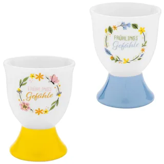 GRUSS & CO Eierbecher-Set Motiv "Frühlingsgefühle" | Geschirrset bestehend aus 2 Eierbechern, Porzellan, Höhe 6,8 cm, in Geschenk-Banderole | Geschenk Ostern, Osternest, Osterdeko | 73822
