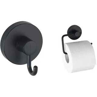 WENKO Vacuum-Loc Haken Schwarz, 2er Set Handtuchhalter & Vacuum-Loc Toilettenpapierhalter Milazzo Schwarz, WC-Rollenhalter