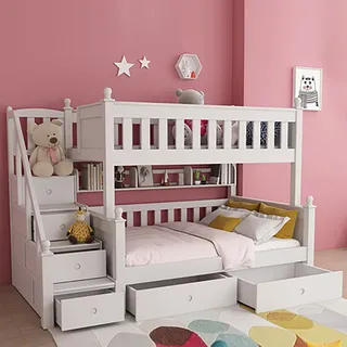 360Home Massivholz Hochbett Stockbett Etagenbett mit Treppenschublade bett 1200x1900mm ohne Matratze