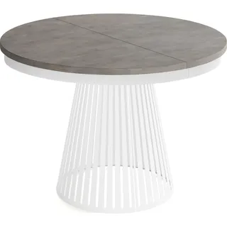 Esstisch Rund Ausziehbar mit Lamellen im Loft-Stil – 120 bis 200 cm – Industrieller Tisch mit Weißen Metallbeinen, Platzsparend für Wohnzimmer oder Esszimmer – Beton-Optik Dunkelgrau - Grau