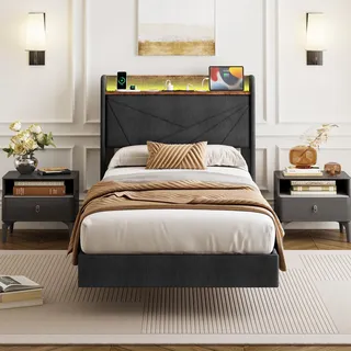 IRONCK Polsterbett 90x200 cm, Bett 90x200 mit LED-Beleuchtung und Ladestation (2 AC-Steckdosen, USB+Typ-C Anschlüsse), Bettgestell mit Stauraum, Schwebebett Einzelbett mit Lattenrost, Leinen, Grau