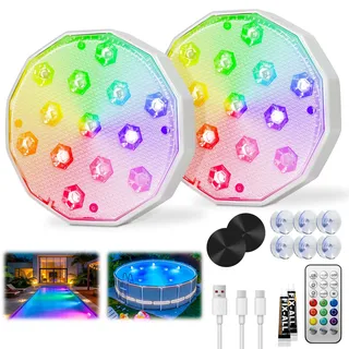 Ollny LED Poolbeleuchtung RGB Magnetic, Wiederaufladbar Unterwasser Pool Licht, Schwimmende Pool zubehör für Schwimmbad, Brunnen, Teich, Aquarium, Party Deko, 2 Stück