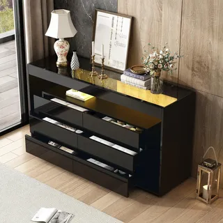Sweiko Sideboard mit 6 großen Schubladen, LED-Hochglanz-Sideboard mit Platte aus gehärtetem Glas, doppellagiges Design mit großem Stauraum, geeignet für Wohnzimmer, Flur, Schlafzimmer, Büro, Schwarz - Schwarz