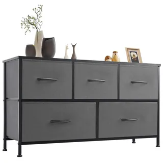Sweetcrispy Kommode,Sideboard Wohnzimmer für Schlafzimmer mit 5 Stoffschubladen,Einstellbare Füße Schubladenschrank,Grau