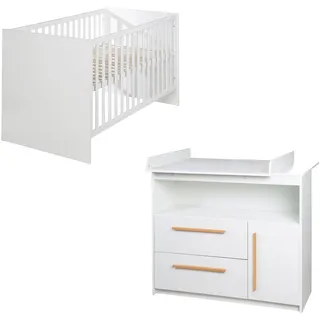 roba Babymöbel Set 2-teilig Lilo - Kinderbett 70 x 140 cm umbaubar + Wickelkommode mit abnehmbarem Ansatz - Weiß - Holzgriffe aus Buche