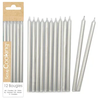 ScrapCooking - 12x Lange Kerzen Silber 12 cm - Geburtstagskerzen fur Torten, Geburtstag - Geburtstagsdeko XXL Metallisch Kinder & Erwachsene, Geburtstagstorte Deko Kuchen - 0349