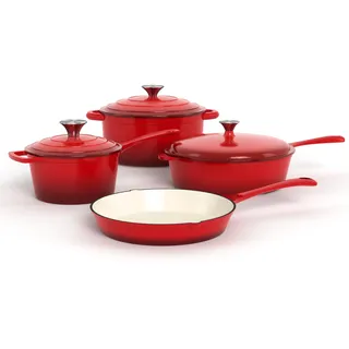 Kitchen Academy, Gusseisen Topf, 7-teiliges Set mit Dutch Ovens, Emailliertes Gusseisen-Kochgeschirr, Soßenpfanne, Pfanne, 3 Deckeln, Dutch Oven Set, Töpfe und Pfannen Set Antihaft (Rot)