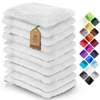 NatureMark 10x Waschhandschuhe aus Frottee 100% Baumwolle – Weich und Robust, Ideal für die tägliche Pflege und Gäste – Weiß, 15x21 cm