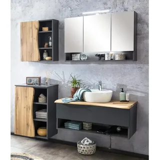 Badezimmer Set mit LED Spiegelschrank KAHLA-03 in anthrazit und Wotan Eiche Nb. mit Baumkantenoptik, B/H/T: ca. 181/200/52 cm - Braun