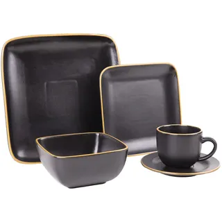 Cofan Schwarzes Tafelservice aus Keramik, quadratisch, 20-teiliges Set, schwarzes Geschirr mit Vintage-Rand, spülmaschinenfest, mikrowellengeeignet, ofenfest