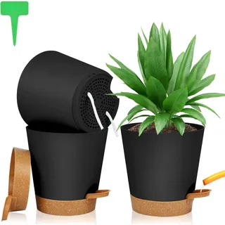 Plastik-Blumentopf 3 Stück mit Untersetzer, Selbstbewässerung 20 x 19 cm - Set von Pflanzentöpfen mit Bewässerungssystem für Innen- und Balkonpflanzen, Inklusive 20 Pflanzenetiketten