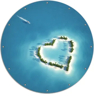 Wallario rundes Outdoor-Poster für Garten oder Balkon, Motiv Insel mit Herz, 120 cm Durchmesser - Weiß