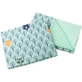Medi Partners Babydecke Krabbeldecke mit Kissen 100% Baumwolle Minky Kinderdecke 55x75 + 35x30cm multifunktional für Kinderwagen Babyschale Wiege (Bear im Walde mit minzer Minky)