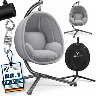 KESSER® Luxe Hängesessel mit Gestell + weicher Sitzkissen, Seitenpolsterung, Sitz- und Rückenkissen Hängekorb Indoor & Outdoor, Garten Schaukel Korb Hängestuhl Stabiler Standfuß, max. 150 kg - Grau