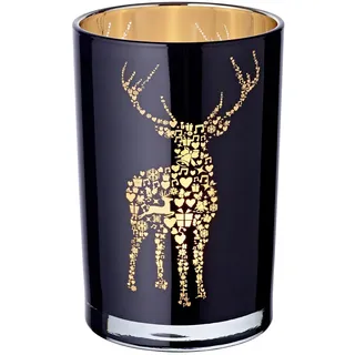 EDZARD Teelichtglas Fancy, Höhe 18 cm, Durchmesser 12 cm, außen schwarz, innen Gold, Teelichthalter, Windlicht mit Hirsch-Motiv