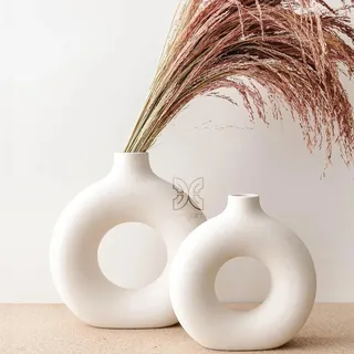 1x mengamu Donut Vase für Pampasgras, Blumenvase modern, Boho deko vase, Moderne Heimdekoration, dekorative Keramikvase, Tischdekoration, vase beige, Badezimmer, Wohnzimmer deko modern