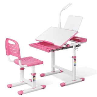 Schreibtisch-Set und Kinderschreibtisch mit Stühlen für Jugendliche – Multifunktional, höhenverstellbar – Mit Beleuchtung, Leseständer und Schublade i