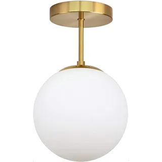 Deckenleuchte Vintage, E27 Retro Deckenlampe mit Kugel Glas Lampenschirm Weiß, IP44 Wasserfest Badlampe Decken Hängelampe, Lampe Hängend fur Schlafzimmer Küchen Flur, Gold Ø20cm (Inkl. Glühbirne)