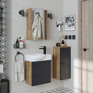 Roomart Badmöbelset - PUNTO - Unterschrank mit Waschbecken - Seitenschrank - Spiegelschrank - Badezimmer Möbel - Gäste WC - Grau