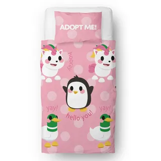 Character World Offizielles Adopt Me Bettwäsche-Set für Einzelbett, Umarmungs-Design mit Pinguin, Einhorn und Ente, wendbar, 2-seitig, inklusive passendem Kissenbezug, Einzelbett-Set