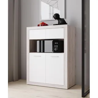 Forte BACCIO Schrank 90 100, modernes Highboard für Wohn-/Esszimmer, 4-türig, offenes Fach, Holzwerkstoff, Sandeiche Holzdekor|Weiß, 93 cm breit x 136,7 cm hoch x 51,7 cm tief