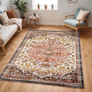 Livabliss Bray Vintage groß - Orientalischer Wohnzimmer 200x275 cm, Esszimmer, Schlafzimmer - Boho Kurzflor e für einfache Pflege - Rot und Weiß