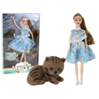 LeanToys Kinderpuppe Emily Frühling mit langen Haaren, blauem Kleid und Kätzchen