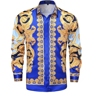 Herren Floral/Goldener Löwe/Paisley/Mode Luxus Gedruckt Kleid Shirts Langarm Button-Down Retro Wunderschöne Design Shirts, Mehrfarbig38, L