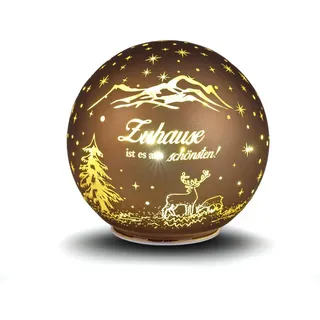 Deko-Kugel braun-Gold 10 cm mit LED Licht Timer Beleuchtete Glaskugel - Weihnachtsdekoration Tisch Regal Deko-Kugel Timer Weihnachtskugel zum Stellen Weihnachten